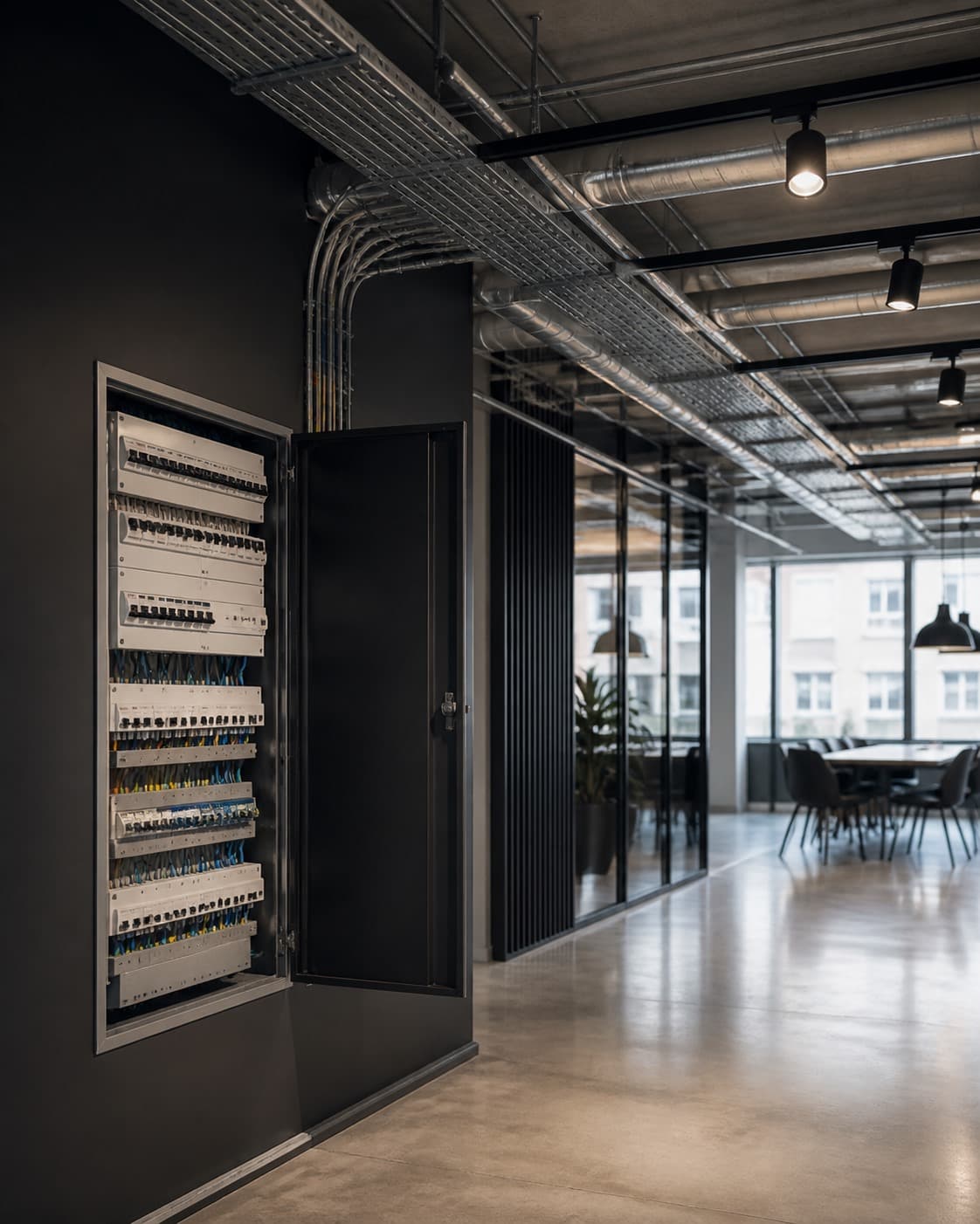 Färdig elinstallation i en modern företagslokal