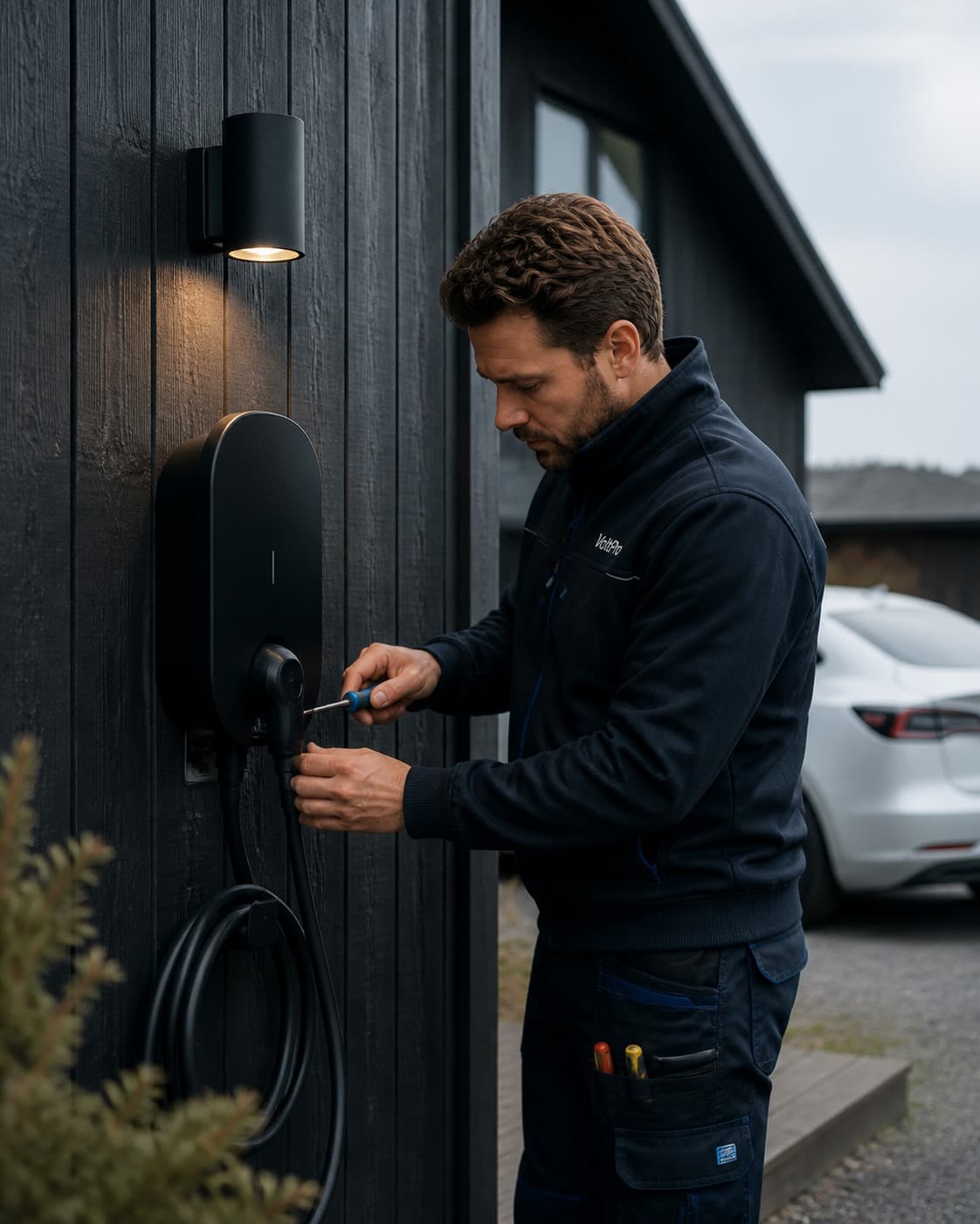 VoltPro installerar en laddbox vid en modern villa