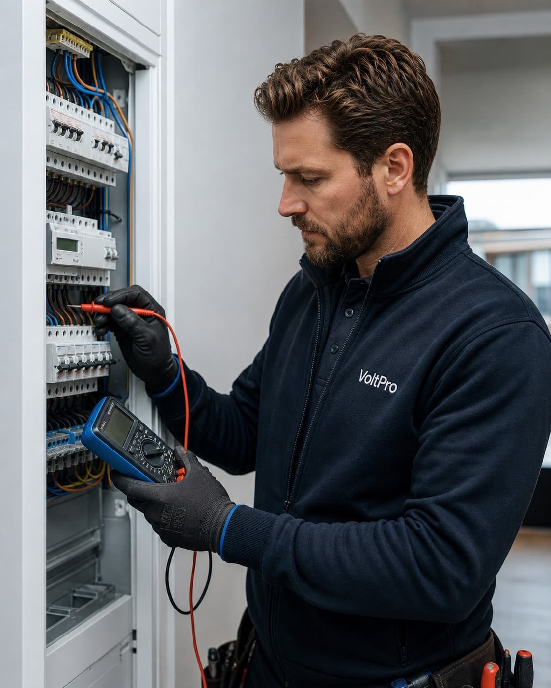 Elektriker utför slutkontroll av en elcentral