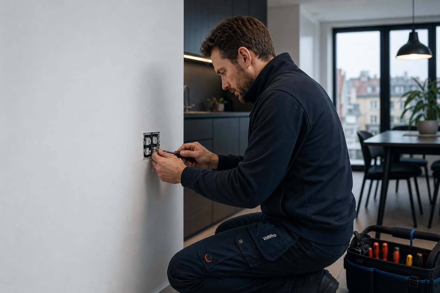 Elektriker från VoltPro installerar ett vägguttag i en modern bostad