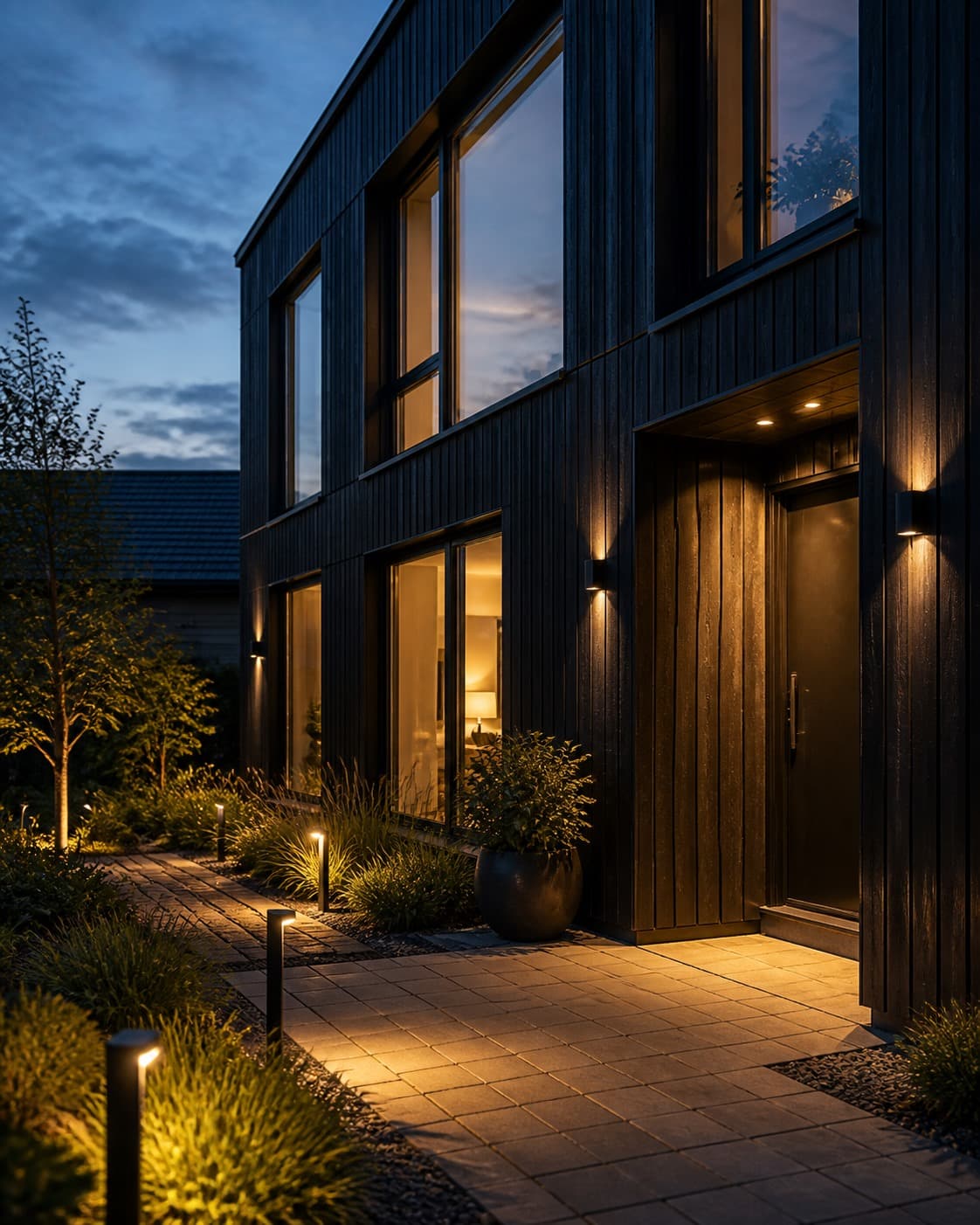 Färdig utebelysning vid en modern villa