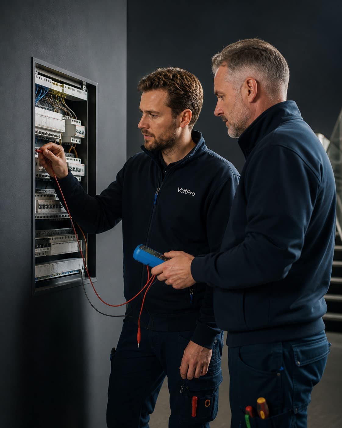 Två elektriker från VoltPro kontrollerar en elcentral